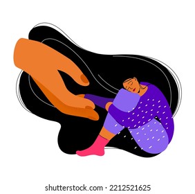 Helping hand - colorful flat design style illustration with linear elements. Composition with girl in pajamas, confused in her thoughts. Depression, despair, problems. Support from outside idea
