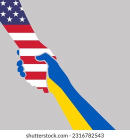 Helfen Sie bei der Konzeption. Die amerikanische U.S. usa und die UA Ukraine flaggen weißrote Bicolor und blau-gelbe Farben Geste der Hilfe und Hoffnung. Zwei Hände nehmen einander. Vektorgrafik-Logo-Symbol