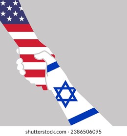 Helping hand concept. American U.S. usa and Israel flags white-red bicolor and blue-white colors gesture of help and hope. Two hands taking each other. Vector logo icon illustration