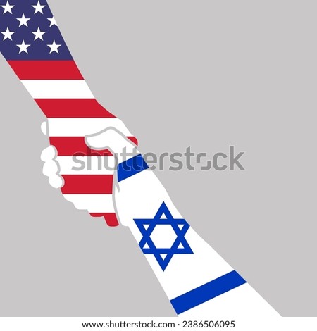 Helping hand concept. American U.S. usa and Israel flags white-red bicolor and blue-white colors gesture of help and hope. Two hands taking each other. Vector logo icon illustration