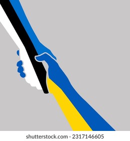 Helping hand concept. Estonia Baltic and UA Ukraine flags blue-black-white and blue-yellow colors gesture of help and hope. Two hands taking each other. Vector logo icon illustration