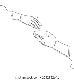 Helping hand concept. Gesture, sign offering something. Isolated line illustration on white background continuous line drawing