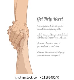 Helping hand concept. Gesture, sign of help and hope. Two hands taking each other. Isolated vector watercolor, line illustration on white background.