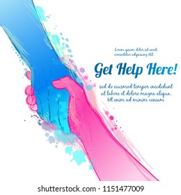 Helping Hand Concept. Gesture, Sign Of Help And Hope. Two Hands Taking Each Other. Isolated Vector Watercolor, Line Illustration On White Background.