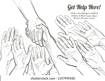 Helping hand concept. Gesture, sign of help and hope. Two hands taking each other. Isolated vector line illustration on white background.