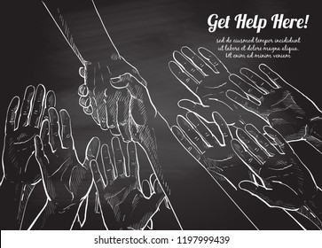 Helping hand concept. Gesture, sign of help and hope. Two hands taking each other. Chalk drawing on the blackboard, isolated vector illustration.