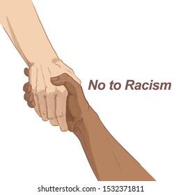 Helping hand concept. Gesture, sign of help and hope, no to racism, discrimination. Two hands black and white taking each other. Isolated vector engraving line illustration on white background.