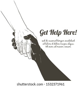 Helping hand concept. Gesture, sign of help and hope, no to racism, discrimination. Two hands black and white taking each other. Isolated vector engraving line illustration on white background.