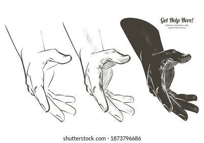 Helping hand concept. Gesture, sign of help, charity, donate and hope concept. Hands taking each other. Isolated vector sketch line illustration on white background.