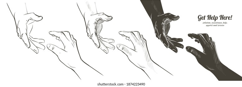 Helping Hand Concept. Gesture, Sign Of Help, Charity, Donate And Hope Concept. Two Hands Taking Each Other. Isolated Vector Sketch Line Illustration On White Background.