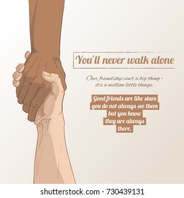 Helping hand concept. Gesture, sign of help and hope. Two hands taking each other. Isolated vector watercolor, line illustration on white background.