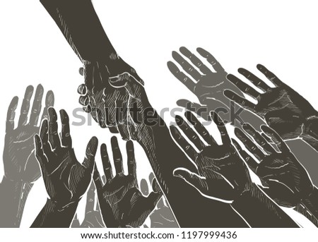 Helping hand concept. Gesture, sign of help and hope. Two hands taking each other. Isolated vector silhoutte line illustration on white background.