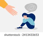 helping hand concept. girl sitting on a floor with a tangled ball of confused thoughts isolated on white background. world mental health day. vector illustration. Psychotherapy concept