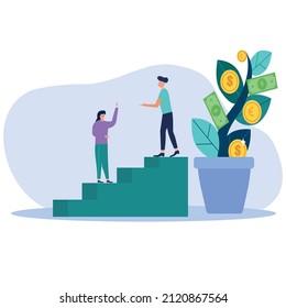 Helping hand concept illustration, guy helping girl in business group