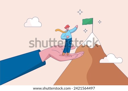 Helping hand concept. Inspiration or advantage to reach goal. Coaching or mentor support employee to achieve business target, businessman stand on giant helping hand to reach mountain peak target flag