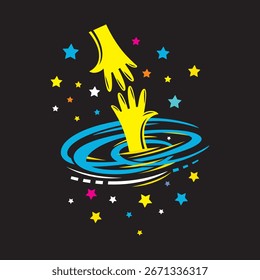 Concepto de la mano de ayuda con una persona que pide ayuda y alguien que llega por ahí arte del logotipo del Vector