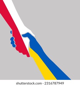 Helping hand concept. Polish and UA Ukraine flags white-red and blue-yellow colors gesture of help and hope. Two hands taking each other. Vector logo icon illustration