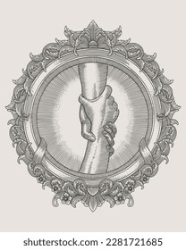 Helping hand concept. sign of help and hope. Two hands taking each other in antique frame engraving style