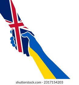 Helping hand concept. Union Jack, Great Britain and UA Ukraine flags blue-red-white and blue-yellow colors gesture of help and hope. Two hands taking each other. Vector logo icon illustration