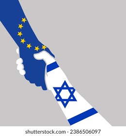 Helping hand concept.European Union EU and Israel flags blue color and blue-white colors gesture of help and hope. Two hands taking each other. Vector logo icon illustration