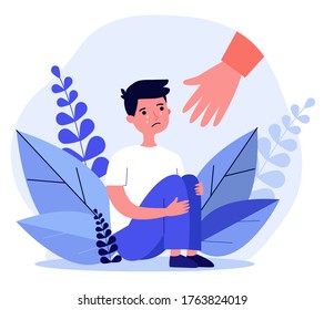 Helping hand for crying boy. Family problem, depressed unhappy kid flat vector illustration. Childhood, help, support concept for banner, website design or landing web page