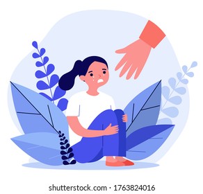 Ayudando a la chica llorando. Niña en problemas, triste infelices niños ilustraciones planas vectoriales. Niñez, ayuda, concepto de apoyo para banner, diseño de sitios web o página web de inicio