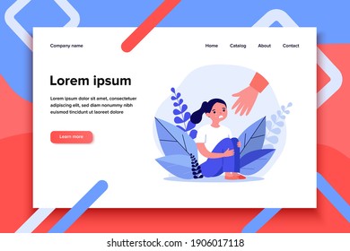 Helping hand for crying girl. Child in trouble, sad unhappy kid flat vector illustration. Childhood, help, support concept for banner, website design or landing web page