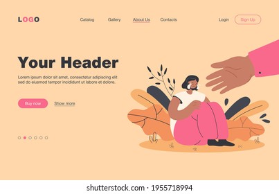 Helping hand for depressed crying person. Sad, anxious and lonely woman suffering from stress and depression, getting support. Vector illustration for assistance, friendship, care concept