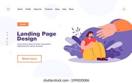 Helping hand for depressed crying person. Sad, anxious and lonely woman suffering from stress and depression, getting support. Vector illustration for assistance, friendship, care concept