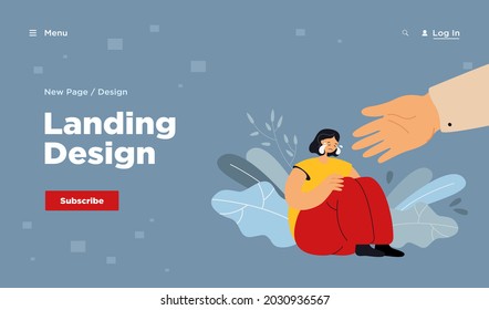 Helping hand for depressed crying person. Sad, anxious and lonely woman suffering from stress and depression, getting support. Vector illustration for assistance, friendship, care concept