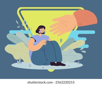 Helping hand for depressed crying person. Sad, anxious and lonely woman suffering from stress and depression, getting support. Vector illustration for assistance, friendship, care concept