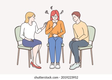 Helping hand and Depression concept. Group of young friends sitting and consoling Young depressed sad frustrated teen girl vector illustration 