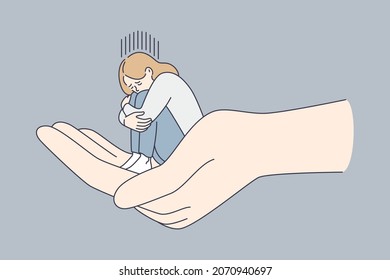 Helping hand and depression concept. Huge human hand holding tiny sitting depressed unhappy sad woman over grey background vector illustration 