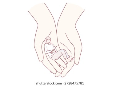 Helfen Hand und Depression Konzept. Menschliche Hände halten traurig depressiv Zinken traurig Mädchen mit schweren Gedanken in der Hand denken Vektorgrafik