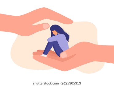 Helping hand and depression help concept. Huge human hand holding tiny sitting depressed unhappy sad woman vector illustration.