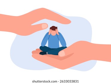 Ajudando a mão e a depressão ajudam o conceito. Enorme mão humana segurando pequena sentado deprimido infeliz triste homem ilustração vetor.
