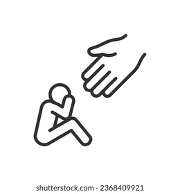 A helping hand in a difficult situation, linear icon. A person is sitting and crying, Supportive hand is extended to him or her. Line with editable stroke