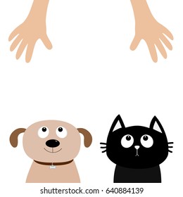 Helping hand. Dog Cat Pet adoption. Puppy pooch kitty cat looking up to human hands. Flat design. Help homeless animal concept. White background. Isolated. Vector illustration