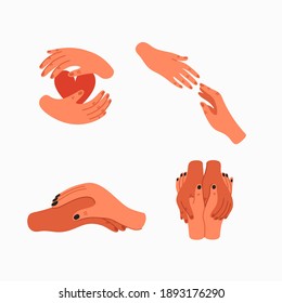 Helping hand and Empathy icons. Human hands gestures. Psychological care, Empathy, and Compassion. Vector illustration in flat cartoon style.