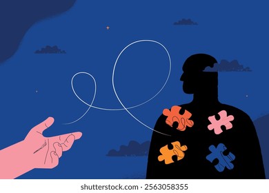 A helping hand extended to a person who has puzzle pieces inside. This illustration symbolizes psychotherapy and the importance of support in difficult times.