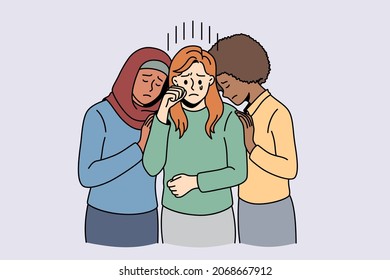 Helping hand and  friendship concept. Arabian and african girls standing hugging and supporting depressed crying caucasian friend vector illustration 