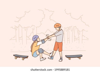 Helping Hand And Friendship Concept. Small Boy Cartoon Character Helping His Friend Girl To Get Up After Falling From Scooter During Walk Outdoors Vector Illustration 