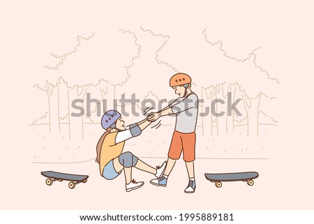Helping hand and friendship concept. Small boy cartoon character helping his friend girl to get up after falling from scooter during walk outdoors vector illustration 