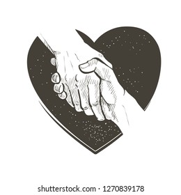 Helping hand and heart concept. Gesture, sign of help and hope. Two hands taking each other. Isolated vector watercolor, line illustration on white background.