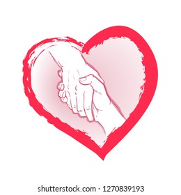 Helping hand and heart concept. Gesture, sign of help and hope. Two hands taking each other. Isolated vector watercolor, line illustration on white background.