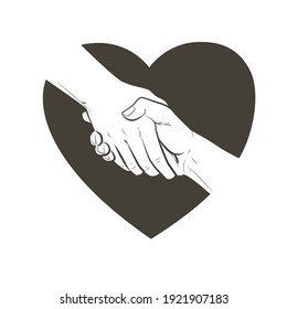 Helping Hand And Heart Concept. Gesture, Sign Of Help And Hope. Two Hands Taking Each Other. Isolated Vector Watercolor, Line Illustration On White Background.