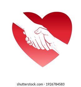 Helping hand and heart concept. Gesture, sign of help and hope. Two hands taking each other. Isolated vector watercolor, line illustration on white background.