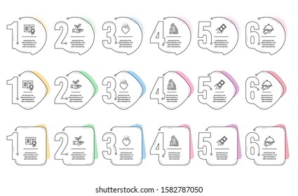 Helping hand, Heart and Restaurant food line icons set. Infographic timeline. Fast payment, Diploma and Skyscraper buildings signs. Startup palm, Love, Room service. Finance transfer. Vector