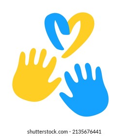 Helping hand with heart as symbol. Support Ukraine, help war refugees. Vector illustration in ukranian flag colours.