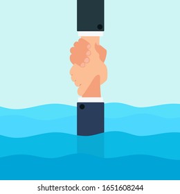 Helping hand, help and hope. Human hand pulls a friend out of the water. Mutual assistance, friendship and brotherhood. Vector illustration, flat design cartoon style.